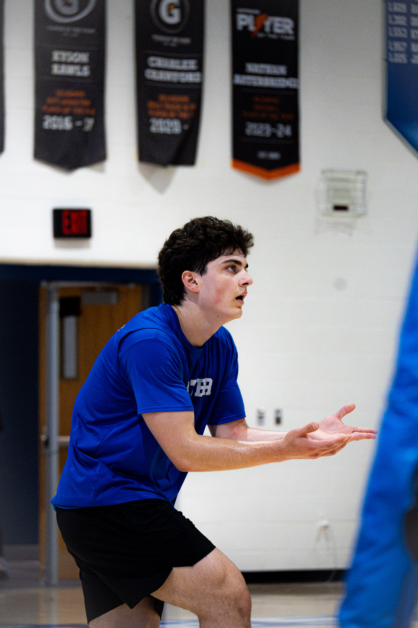Volleyball player in ready position wearing blue jersey