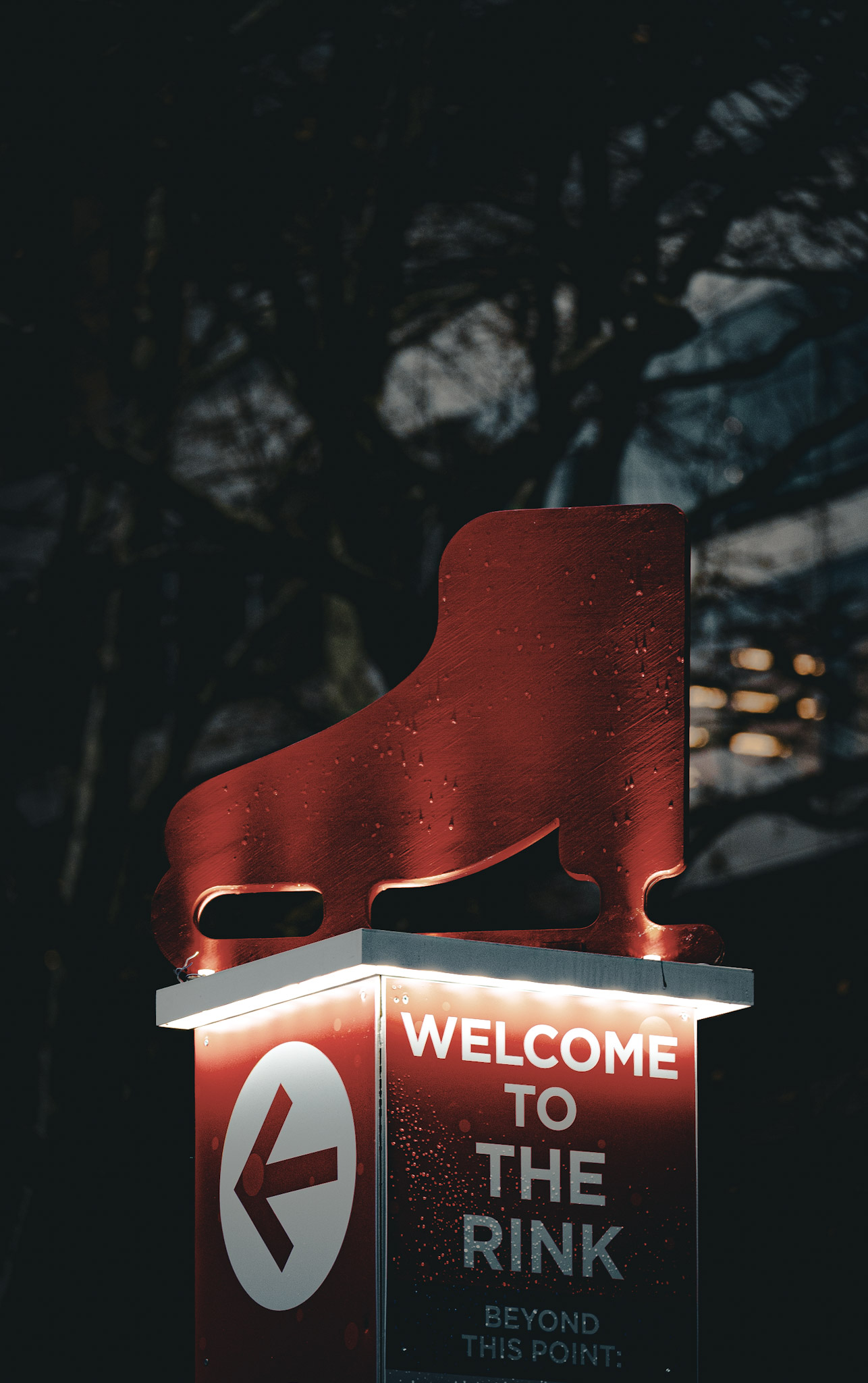 Welcome to the Rink ice skate sign illuminated at night