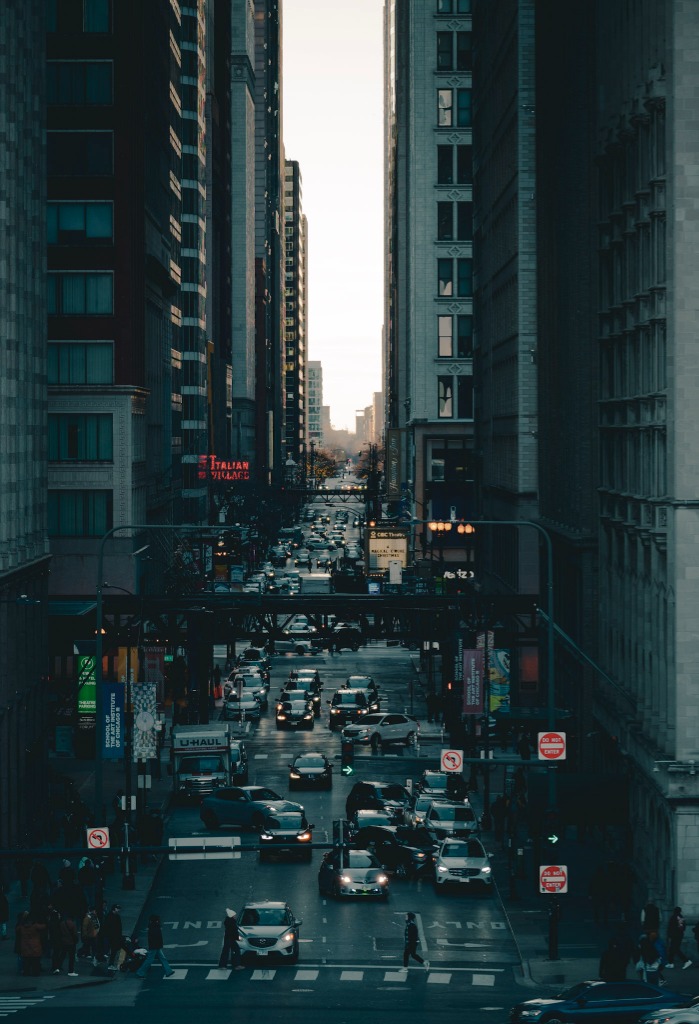Chicago street canyon at dusk